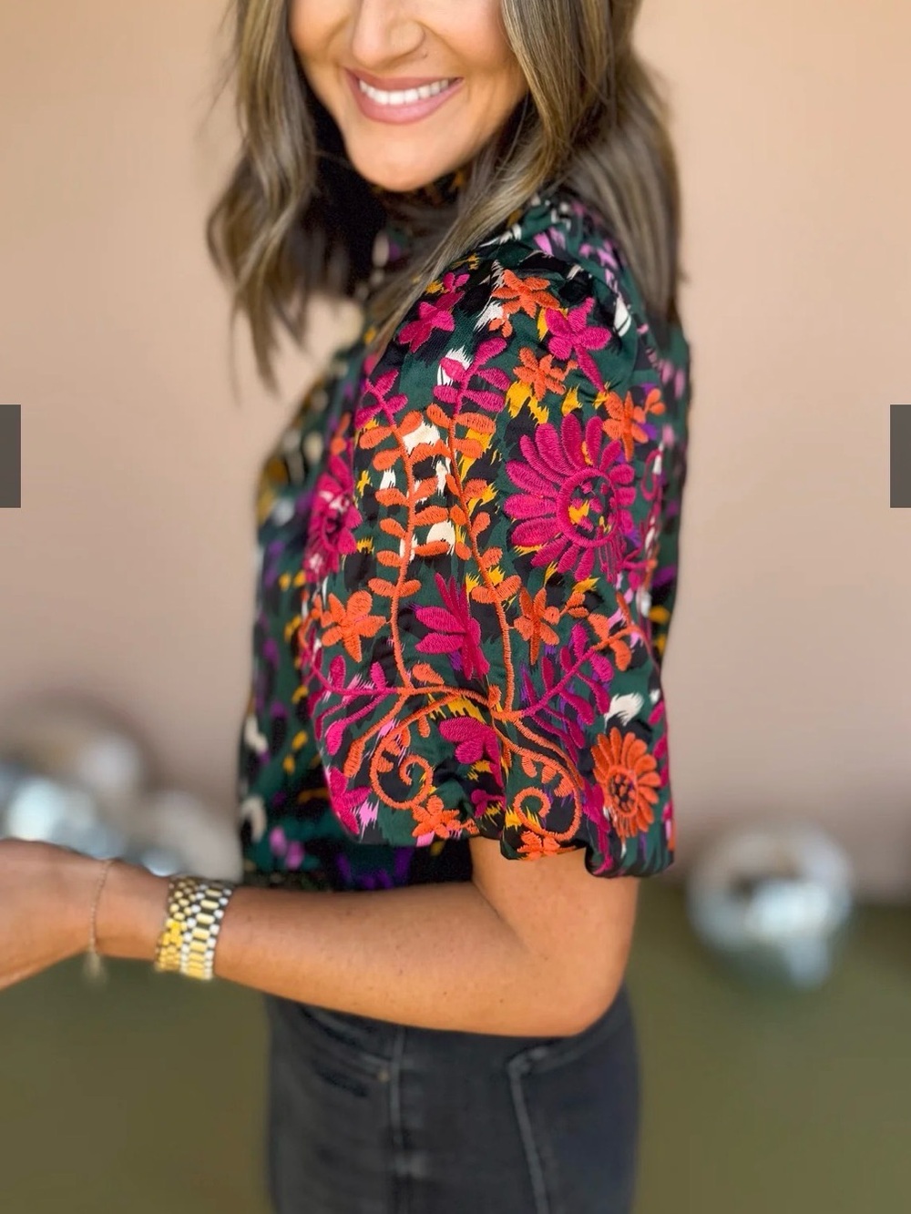 THML Hunter Green Print Mock Frill Neck Embroidered Sleeve Top - Picture 8 of 12